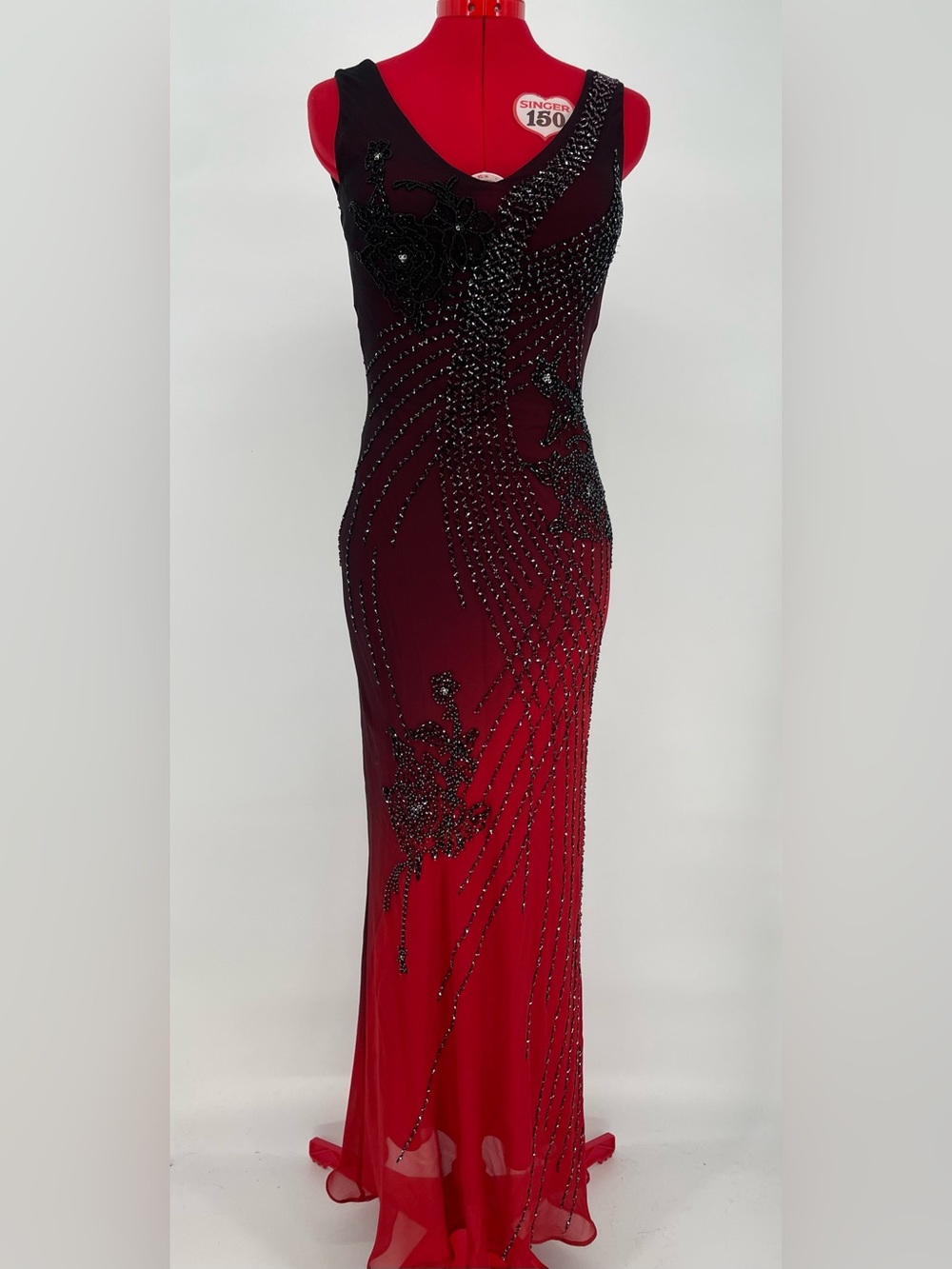 VTG Silk Sue Wong Nocturne Beaded Ombre Red Formal Cocktail Prom Dress Maxi